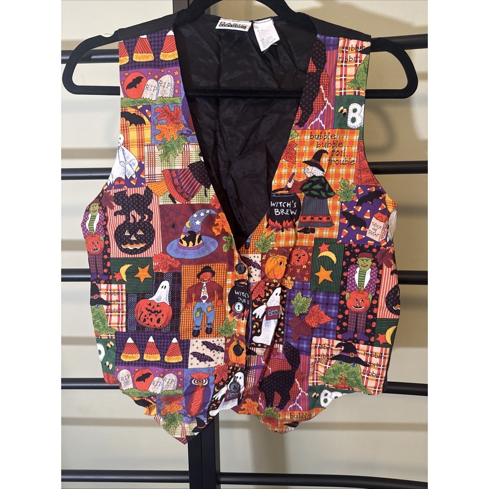 Vintage Basic Editions Halloween Vest Witch Ghost Pumpkin Candy Corn Black Cat S